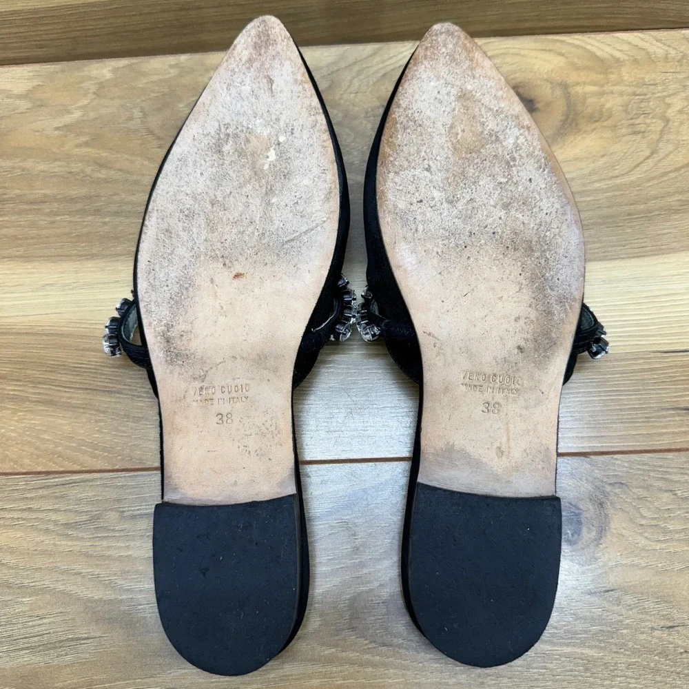 LOREN HOPE Audrey Slides Crystal 7 EU 38 Black Suede Pointed Toe Mules Flats